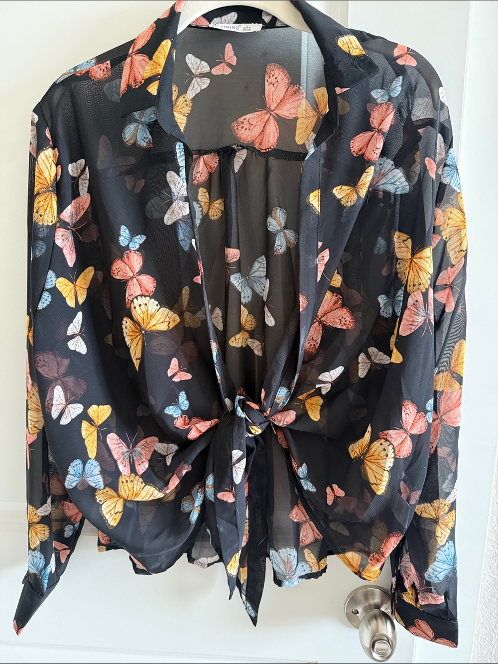 Timing Sheer Black Button-Down Top with Multicolor Butterfly Print